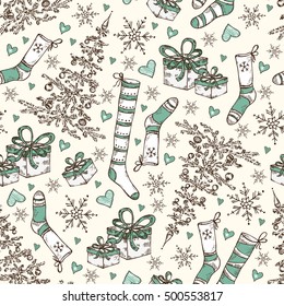 Christmas and New Year seamless with Christmas stocking, Holiday tree and present. 