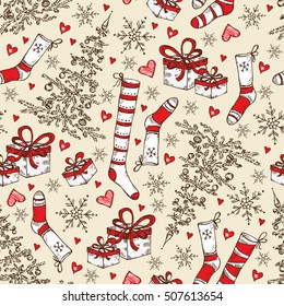 Christmas and New Year seamless with Christmas stocking, Holiday tree and present. 