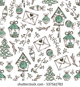 Christmas and New Year seamless with Christmas tree and Christmas decoration. Hand drawn