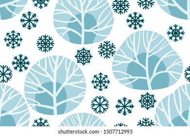 Christmas and New Year seamless vector pattern with trees and snowflakes