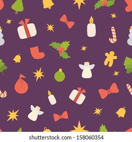 Christmas or New Year seamless vector pattern. Traditional elements: gift, sock, bell, angel, star, spruce, candle, holly, etc. Ideal for wrapping paper for gift, textile, wallpaper, background.