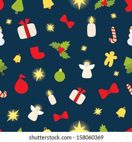 Christmas or New Year seamless vector pattern. Traditional elements: gift, sock, bell, angel, star, spruce, candle, holly, etc. Ideal for wrapping paper for gift, textile, wallpaper, background.