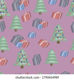 Christmas or New Year seamless vector isoleted pattern, with christmas tree and presents
