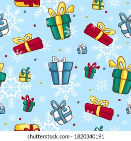 Christmas or New Year seamless vector pattern. Festive gift boxes with bows and light snowflakes on a blue background.