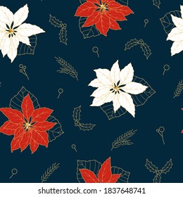 Christmas and New Year seamless vector pattern with cute hand drawn red and white Poinsettia flowers on blue background. For wrapping paper, invitation, card, gift, fabric, wallpaper, banner, textile.