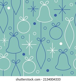 Christmas and New Year seamless vector pattern. Minimalistic illustration with snowflakes and Christmas tree decorations. Line art, Scandinavian Hugge aesthetic