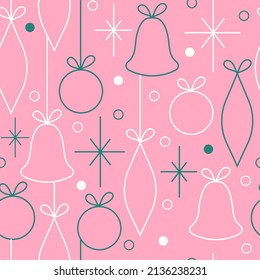 Patrón vectorial sin fisuras de Navidad y Año Nuevo. Ilustración minimalista con copos de nieve y decoraciones de árboles de Navidad. Arte de línea, estética escandinava enorme