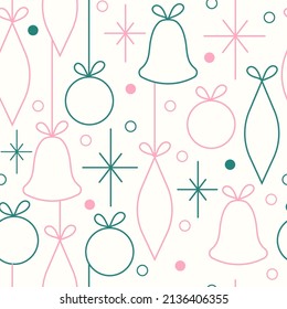 Christmas and New Year seamless vector pattern. Minimalistic illustration with snowflakes and Christmas tree decorations. Line art, Scandinavian Hugge aesthetic