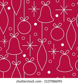 Weihnachten und Neujahr nahtlose Vektormuster. Minimalistische Illustration mit Schneeflocken und Weihnachtsbaumdekorationen. Line Art, skandinavische hässliche Ästhetik