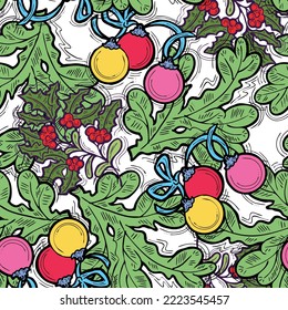 Christmas and New Year seamless vector pattern for wrapping paper, fabric print, textile design, decorative elements. Pine tree with xmas decoration. Hand drawn illustration. Cartoon style drawing.