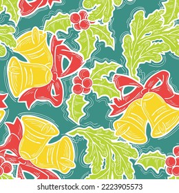Christmas and New Year seamless vector pattern for wrapping paper, fabric print, textile design, decorative elements. Pine tree with xmas decoration. Hand drawn illustration. Cartoon style drawing.