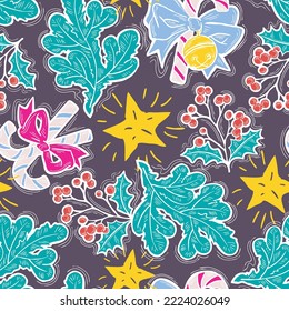 Patrón vectorial de Navidad y Año Nuevo sin fisuras para papel envolvente, impresión de tela, diseño textil, elementos decorativos. Árbol de pinos con decoración de Navidad. Ilustración dibujada a mano. Dibujo al estilo de la caricatura.
