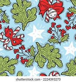 Christmas and New Year seamless vector pattern for wrapping paper, fabric print, textile design, decorative elements. Pine tree with xmas decoration. Hand drawn illustration. Cartoon style drawing.