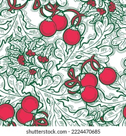 Christmas and New Year seamless vector pattern for wrapping paper, fabric print, textile design, decorative elements. Pine tree with xmas decoration. Hand drawn illustration. Cartoon style drawing.