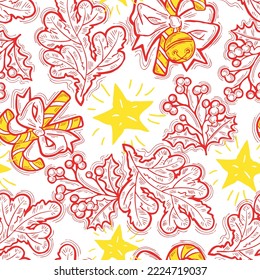 Christmas and New Year seamless vector pattern for wrapping paper, fabric print, textile design, decorative elements. Pine tree with xmas decoration. Hand drawn illustration. Cartoon style drawing.