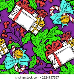 Weihnachten und Neujahr nahtlose Vektorgrafik-Muster für Verpackungspapier, Stoffdruck, Textildesign, dekorative Elemente. Kiefern mit Weihnachtsdekoration. Handgezeichnete Illustration. Zeichnen im Cartoon-Stil.