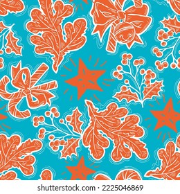Patrón vectorial de Navidad y Año Nuevo sin fisuras para papel envolvente, impresión de tela, diseño textil, elementos decorativos. Árbol de pinos con decoración de Navidad. Ilustración dibujada a mano. Dibujo al estilo de la caricatura.