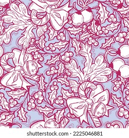 Christmas and New Year seamless vector pattern for wrapping paper, fabric print, textile design, decorative elements. Pine tree with xmas decoration. Hand drawn illustration. Cartoon style drawing.