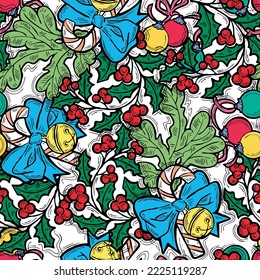 Christmas and New Year seamless vector pattern for wrapping paper, fabric print, textile design, decorative elements. Pine tree with xmas decoration. Hand drawn illustration. Cartoon style drawing.