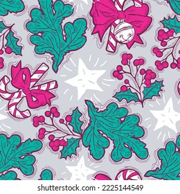 Christmas and New Year seamless vector pattern for wrapping paper, fabric print, textile design, decorative elements. Pine tree with xmas decoration. Hand drawn illustration. Cartoon style drawing.