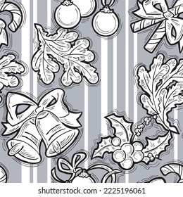 Christmas and New Year seamless vector pattern for wrapping paper, fabric print, textile design, decorative elements. Pine tree with xmas decoration. Hand drawn illustration. Cartoon style drawing.