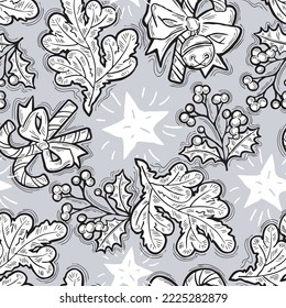 Christmas and New Year seamless vector pattern for wrapping paper, fabric print, textile design, decorative elements. Pine tree with xmas decoration. Hand drawn illustration. Cartoon style drawing.