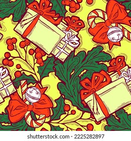 Weihnachten und Neujahr nahtlose Vektorgrafik-Muster für Verpackungspapier, Stoffdruck, Textildesign, dekorative Elemente. Kiefern mit Weihnachtsdekoration. Handgezeichnete Illustration. Zeichnen im Cartoon-Stil.