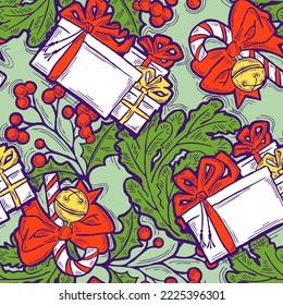 Weihnachten und Neujahr nahtlose Vektorgrafik-Muster für Verpackungspapier, Stoffdruck, Textildesign, dekorative Elemente. Kiefern mit Weihnachtsdekoration. Handgezeichnete Illustration. Zeichnen im Cartoon-Stil.