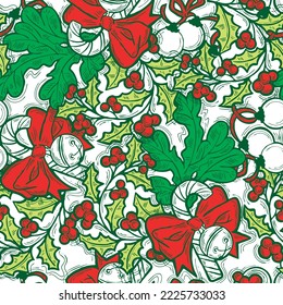 Patrón vectorial de Navidad y Año Nuevo sin fisuras para papel envolvente, impresión de tela, diseño textil, elementos decorativos. Árbol de pinos con decoración de Navidad. Ilustración dibujada a mano. Dibujo al estilo de la caricatura.