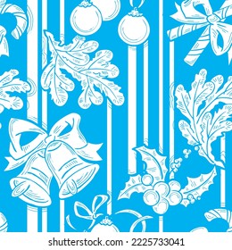 Christmas and New Year seamless vector pattern for wrapping paper, fabric print, textile design, decorative elements. Pine tree with xmas decoration. Hand drawn illustration. Cartoon style drawing.