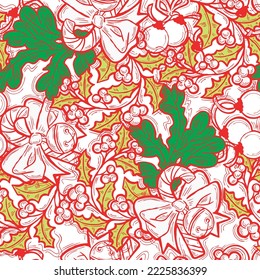 Christmas and New Year seamless vector pattern for wrapping paper, fabric print, textile design, decorative elements. Pine tree with xmas decoration. Hand drawn illustration. Cartoon style drawing.