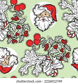 Patrón vectorial de Navidad y Año Nuevo sin fisuras para papel envolvente, impresión de tela, diseño textil, elementos decorativos. Árbol de pinos con decoración de Navidad. Ilustración dibujada a mano. Dibujo al estilo de la caricatura.