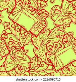 Christmas and New Year seamless vector pattern for wrapping paper, fabric print, textile design, decorative elements. Pine tree with xmas decoration. Hand drawn illustration. Cartoon style drawing.