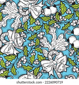 Christmas and New Year seamless vector pattern for wrapping paper, fabric print, textile design, decorative elements. Pine tree with xmas decoration. Hand drawn illustration. Cartoon style drawing.
