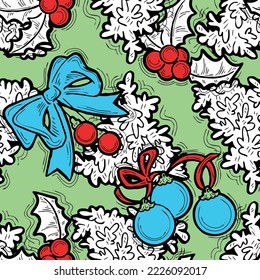 Christmas and New Year seamless vector pattern for wrapping paper, fabric print, textile design, decorative elements. Pine tree with xmas decoration. Hand drawn illustration. Cartoon style drawing.