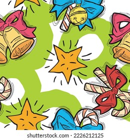 Patrón vectorial de Navidad y Año Nuevo sin fisuras para papel envolvente, impresión de tela, diseño textil, elementos decorativos. Árbol de pinos con decoración de Navidad. Ilustración dibujada a mano. Dibujo al estilo de la caricatura.