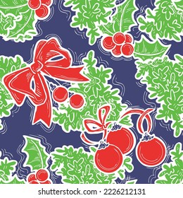 Christmas and New Year seamless vector pattern for wrapping paper, fabric print, textile design, decorative elements. Pine tree with xmas decoration. Hand drawn illustration. Cartoon style drawing.