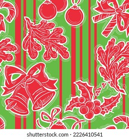 Christmas and New Year seamless vector pattern for wrapping paper, fabric print, textile design, decorative elements. Pine tree with xmas decoration. Hand drawn illustration. Cartoon style drawing.