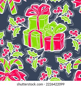 Christmas and New Year seamless vector pattern for wrapping paper, fabric print, textile design, decorative elements. Pine tree with xmas decoration. Hand drawn illustration. Cartoon style drawing.