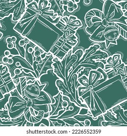 Christmas and New Year seamless vector pattern for wrapping paper, fabric print, textile design, decorative elements. Pine tree with xmas decoration. Hand drawn illustration. Cartoon style drawing.