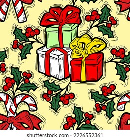 Weihnachten und Neujahr nahtlose Vektorgrafik-Muster für Verpackungspapier, Stoffdruck, Textildesign, dekorative Elemente. Kiefern mit Weihnachtsdekoration. Handgezeichnete Illustration. Zeichnen im Cartoon-Stil.