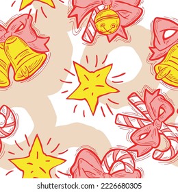 Weihnachten und Neujahr nahtlose Vektorgrafik-Muster für Verpackungspapier, Stoffdruck, Textildesign, dekorative Elemente. Kiefern mit Weihnachtsdekoration. Handgezeichnete Illustration. Zeichnen im Cartoon-Stil.