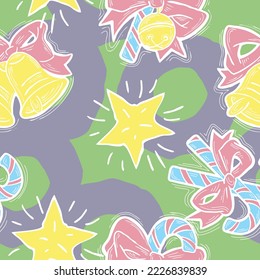 Christmas and New Year seamless vector pattern for wrapping paper, fabric print, textile design, decorative elements. Pine tree with xmas decoration. Hand drawn illustration. Cartoon style drawing.