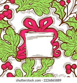 Christmas and New Year seamless vector pattern for wrapping paper, fabric print, textile design, decorative elements. Pine tree with xmas decoration. Hand drawn illustration. Cartoon style drawing.