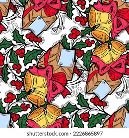 Weihnachten und Neujahr nahtlose Vektorgrafik-Muster für Verpackungspapier, Stoffdruck, Textildesign, dekorative Elemente. Kiefern mit Weihnachtsdekoration. Handgezeichnete Illustration. Zeichnen im Cartoon-Stil.