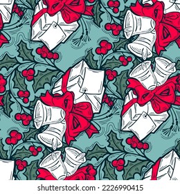 Christmas and New Year seamless vector pattern for wrapping paper, fabric print, textile design, decorative elements. Pine tree with xmas decoration. Hand drawn illustration. Cartoon style drawing.