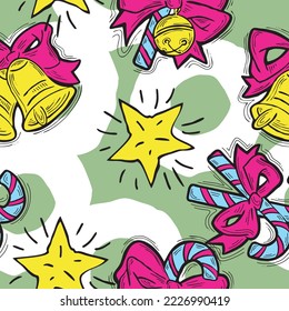 Christmas and New Year seamless vector pattern for wrapping paper, fabric print, textile design, decorative elements. Pine tree with xmas decoration. Hand drawn illustration. Cartoon style drawing.