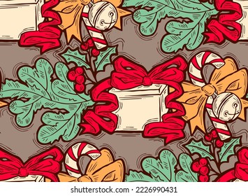 Christmas and New Year seamless vector pattern for wrapping paper, fabric print, textile design, decorative elements. Pine tree with xmas decoration. Hand drawn illustration. Cartoon style drawing.