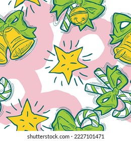 Christmas and New Year seamless vector pattern for wrapping paper, fabric print, textile design, decorative elements. Pine tree with xmas decoration. Hand drawn illustration. Cartoon style drawing.