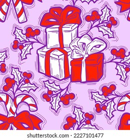 Weihnachten und Neujahr nahtlose Vektorgrafik-Muster für Verpackungspapier, Stoffdruck, Textildesign, dekorative Elemente. Kiefern mit Weihnachtsdekoration. Handgezeichnete Illustration. Zeichnen im Cartoon-Stil.